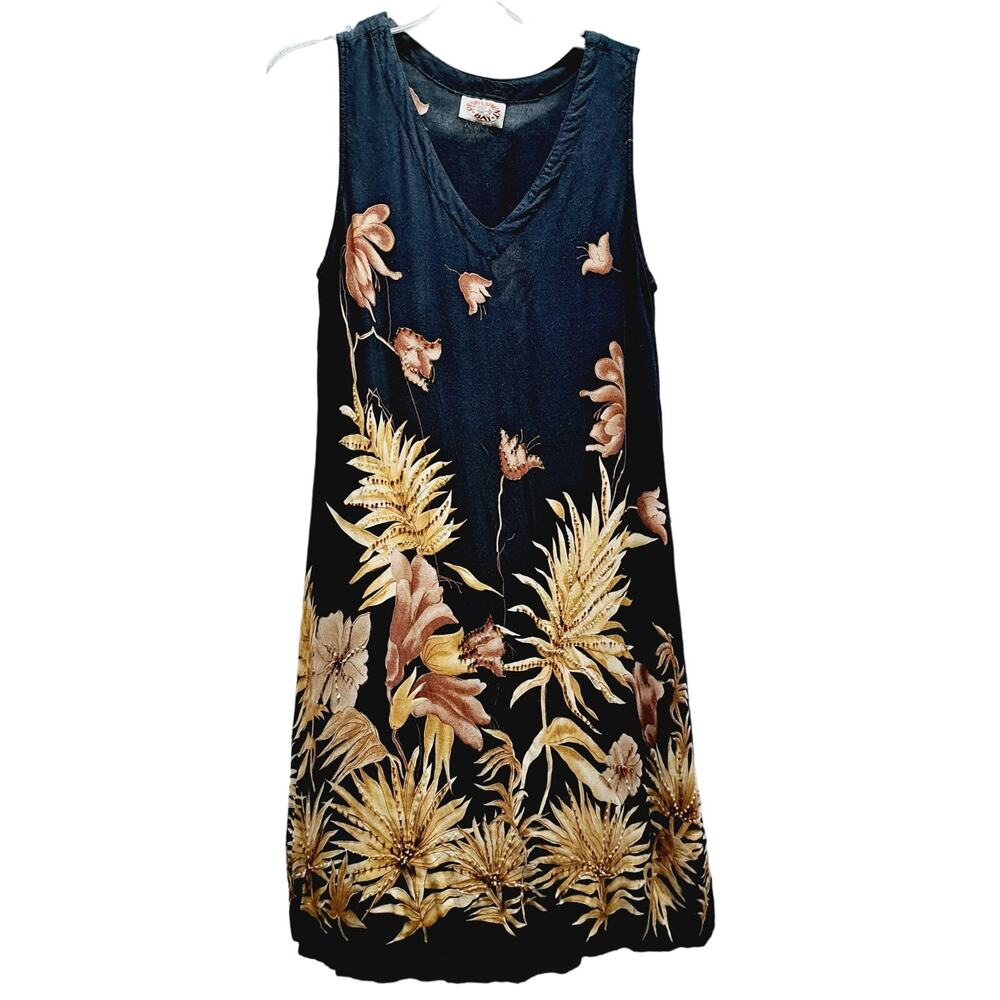Peppermint Bay Black Tan Lightweight Cotton Beach Pool Cover Up Beaded Dress S/M